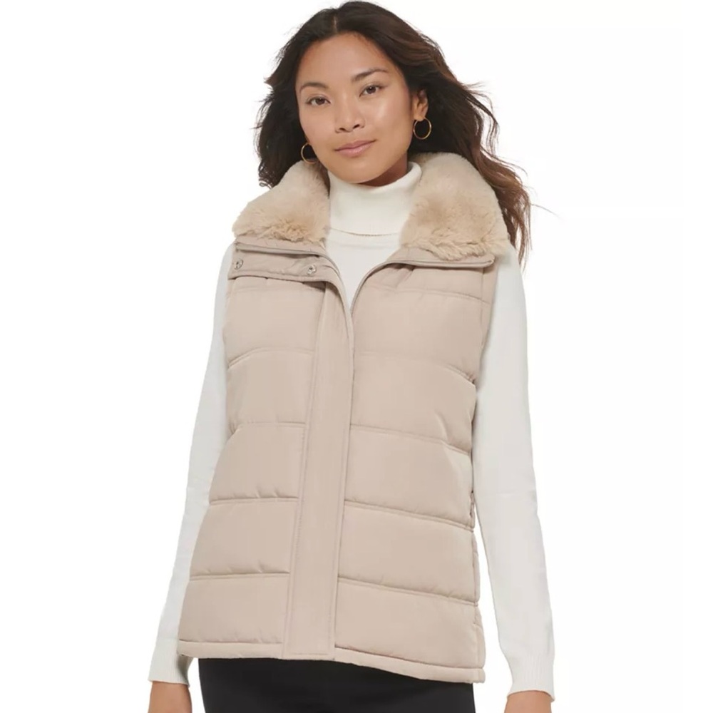 Calvin Klein Beige Faux Fur Trim Quilted Puffer Vest